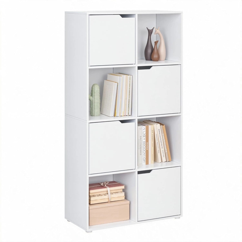 Libreria Autoportante, Libreria Bianca a 8 Cubi Portaoggetti, Porta Libri con 4 Ante, Scaffale Portaoggetti per Soggiorno, Ufficio, Studio, in Legno, SK039ws