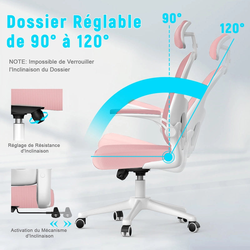 Sedia da ufficio - HAMLODY Poltrona ergonomica con braccioli 2D, altezza poggiatesta supporto lombare schienale regolabile rosa