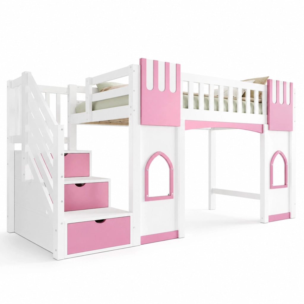 Letto a soppalco 90x200 cm con scala contenitore, bianco/rosa
