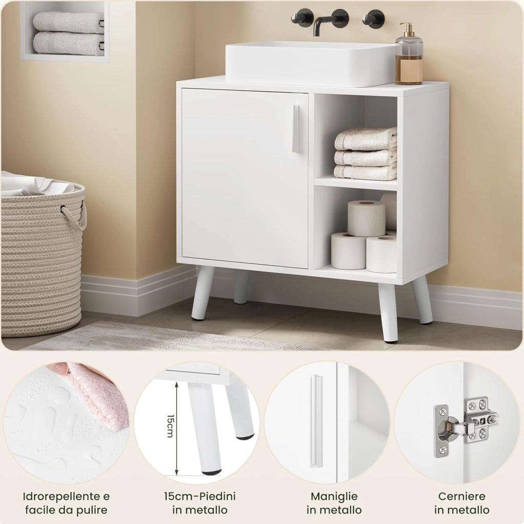Mobile Bagno con Anta, Lavandino con 2 Vani a Giorno, Mobiletto da Bagno Freestanding, Legno Massiccio, Bianco, 60x30x60 cm
