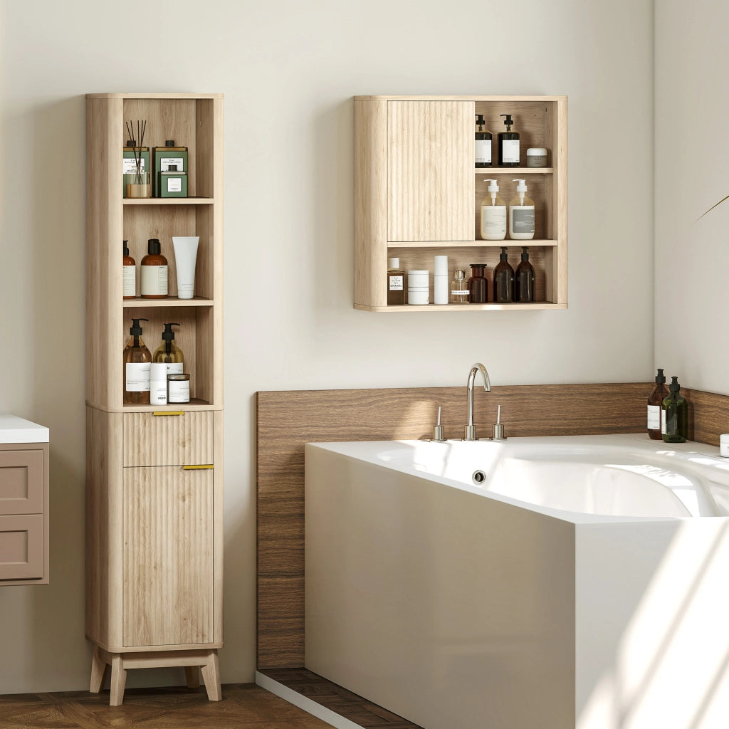 Armadietto Bagno Sospeso con Anta Scorrevole 5 Scomparti Ripiani Regolabili ¨C Minimal ¨C 60x20x62 cm Bianco