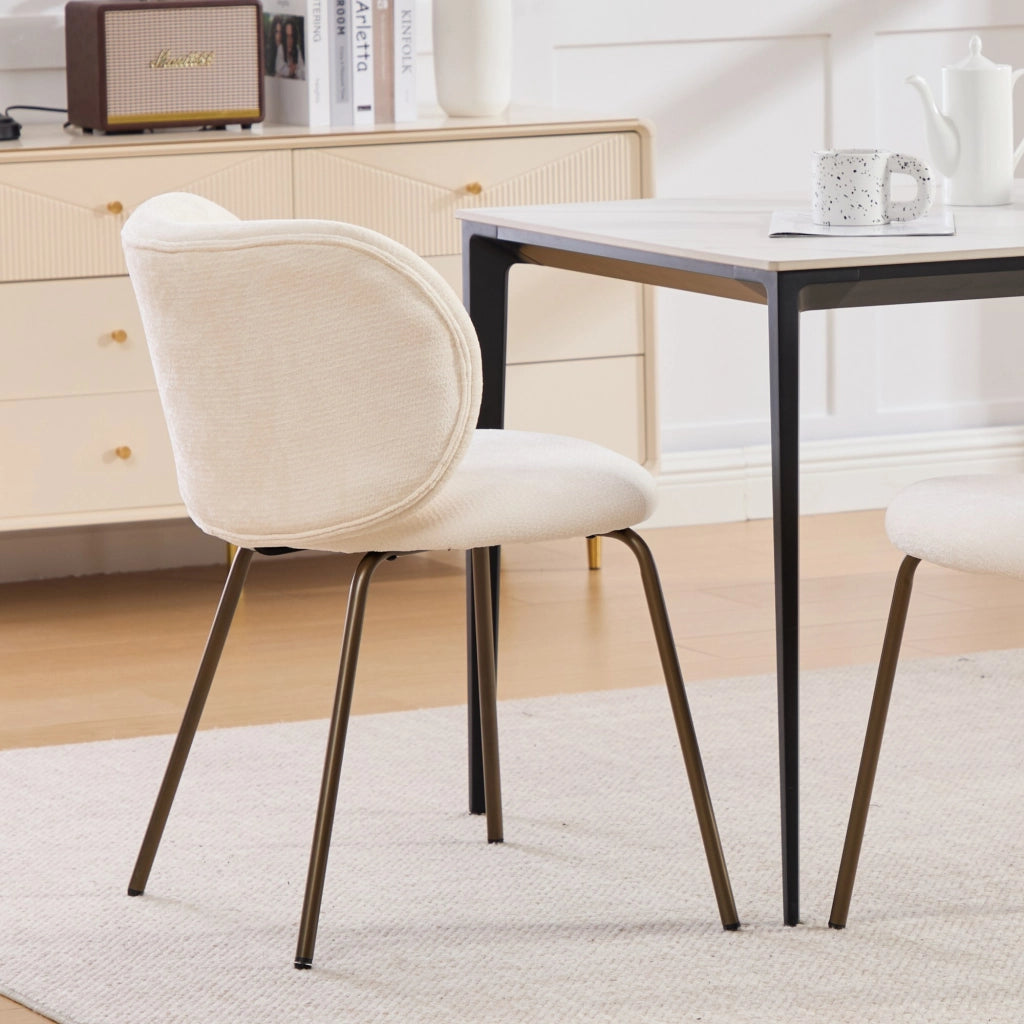 Sedia da pranzo in chenille moderna - Zephmum- Schienale curvo gambe in bronzo color crema