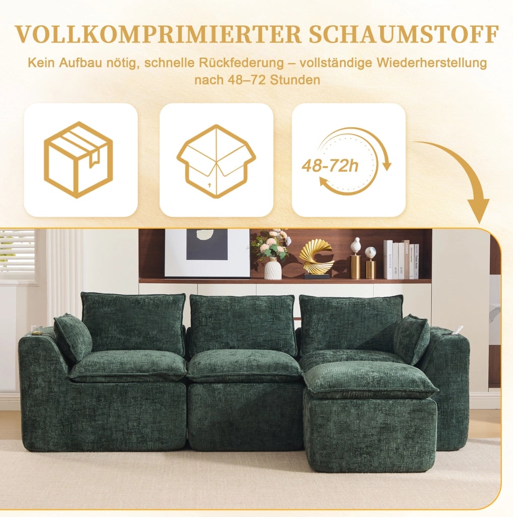 Divano componibile con pouf 256x161x75 cm in ciniglia verde; tasche laterali e cuscini