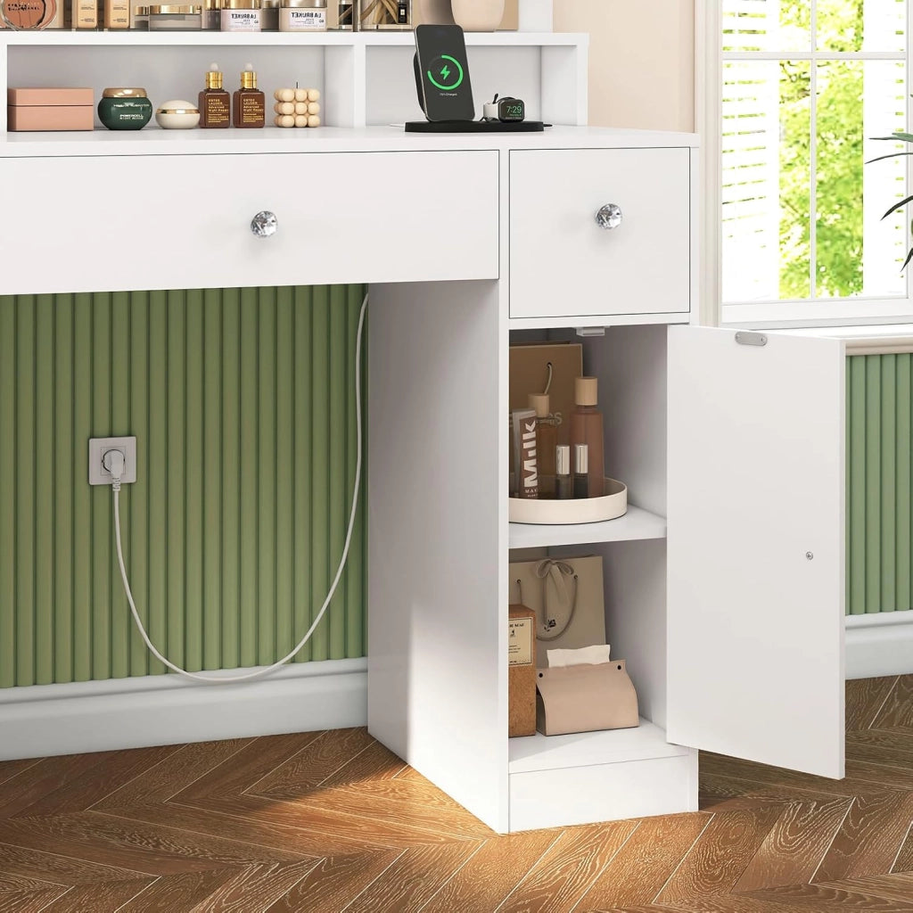 FIONESO Postazione Trucco con 10 Luci LED, 3 Colori Regolabili, 3 Specchietti Ripiegabili, Toeletta Trucco con 2 USB e 2 Prese, 3 Cassetti e 2 Armadi, Bianco