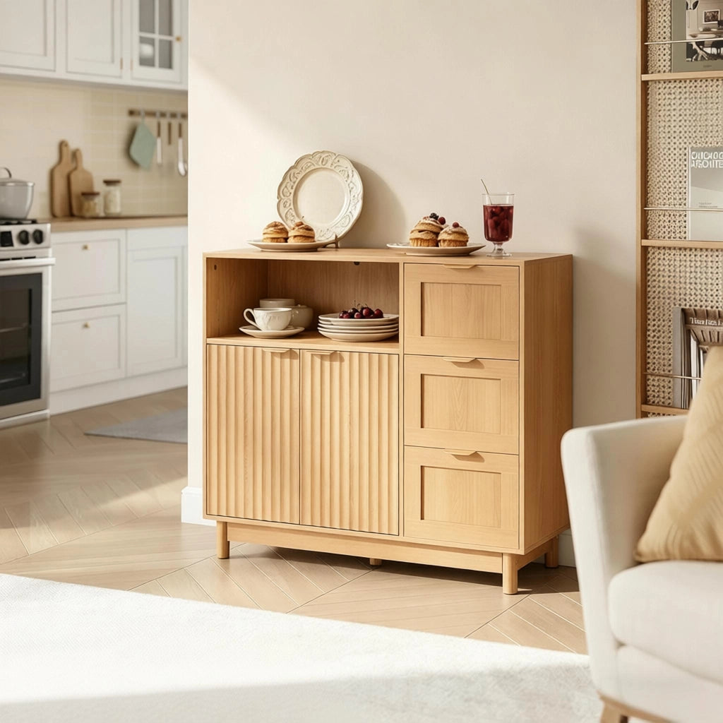 Credenza con 3 cassetti e ripiani regolabili, per cucina, in MDF e truciolato, effetto legno, 90 × 35 × 80 cm