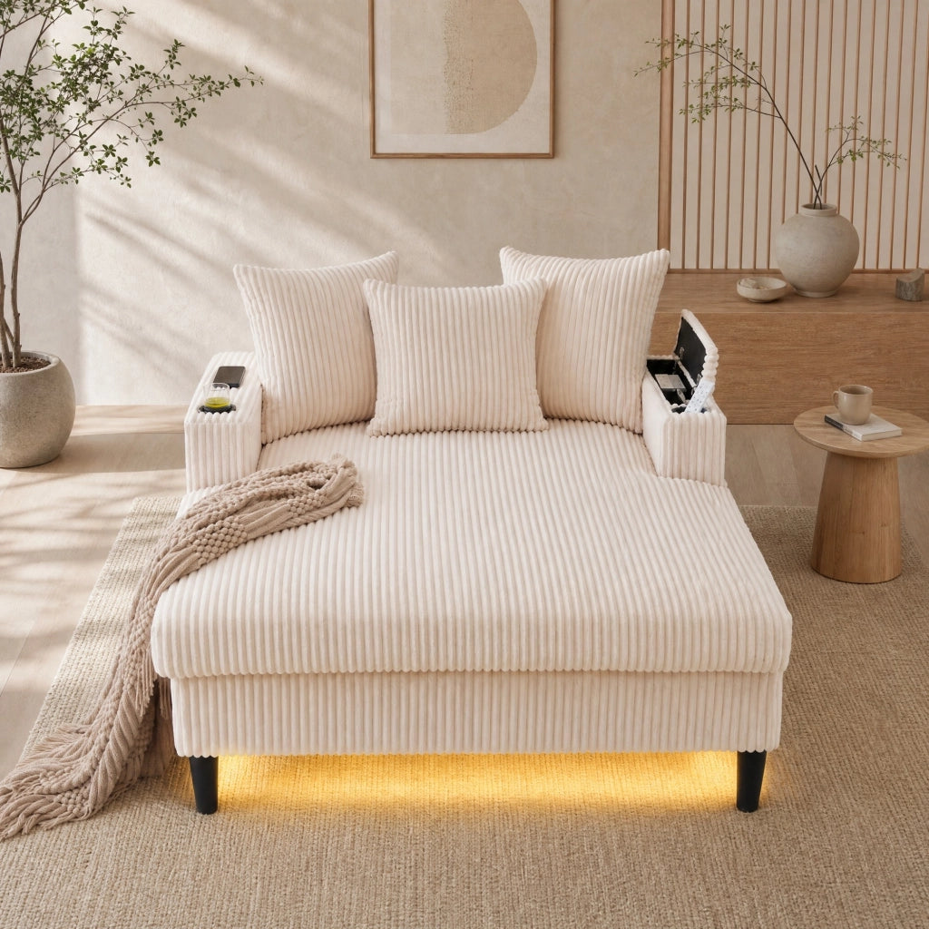 CHAISELONGUE 129x170x70 cm in velluto a coste beige con LED, USB e contenitore