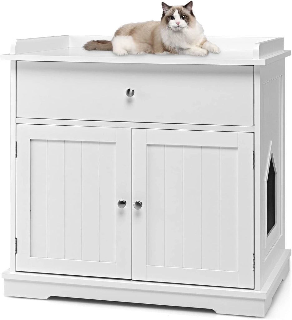 Mobile per Lettiera Gatti in Legno, con Portaoggetti, 2 Ante, Cassetto e Ingresso Laterale, Mobiletto Multiuso per Ingresso e Soggiorno, 76 x 53 x 74 cm, Carico Massimo 30 kg (Bianco)