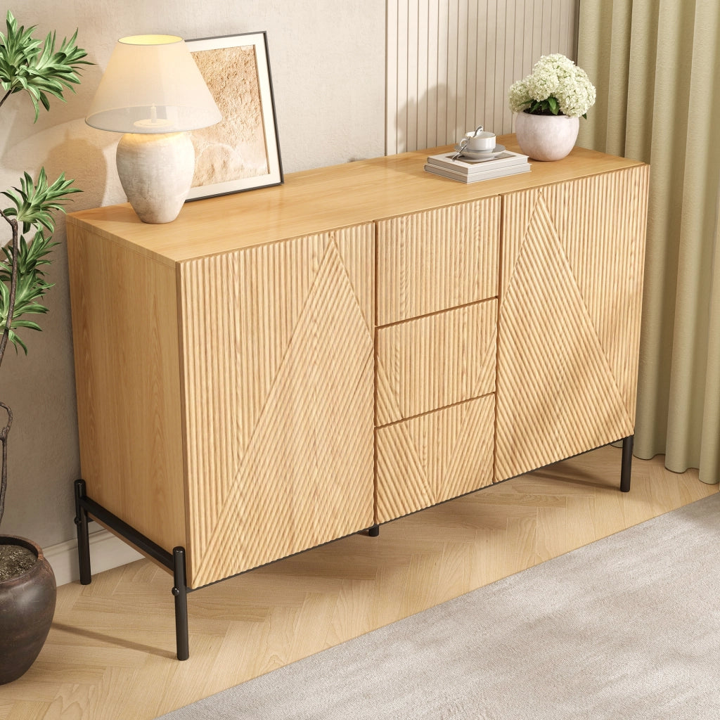 OKWISH Credenza con 2 Ante e 1 Cassetto, Frontali Geometrici, Gambe in Metallo, MDF, Naturale, 115,5 x 40 x 76 cm