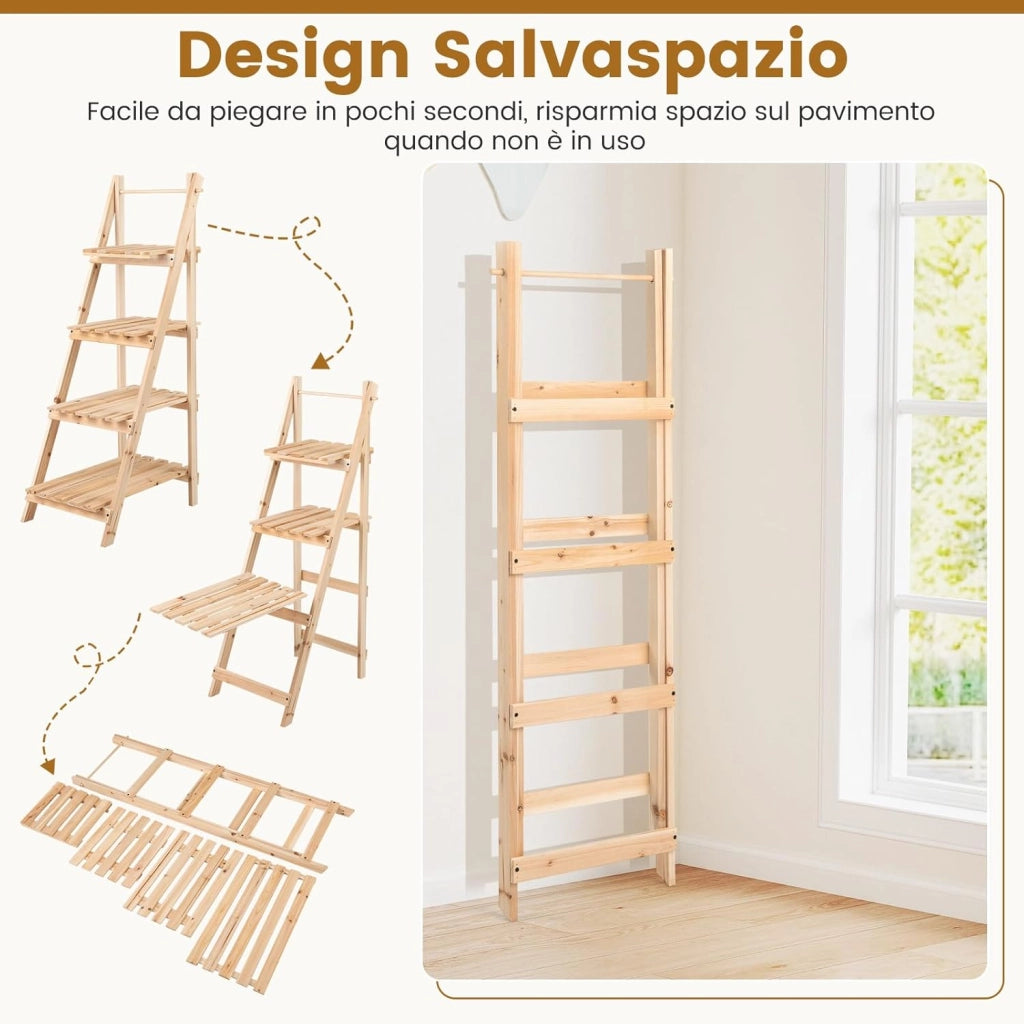 Scaffale Porta Piante a Scala Pieghevole, Scaffale per Vasi in Legno a 4 Livelli, Supporto Porta Fiori da Interno ed Esterno, Soggiorno Camera da Letto, Balcone