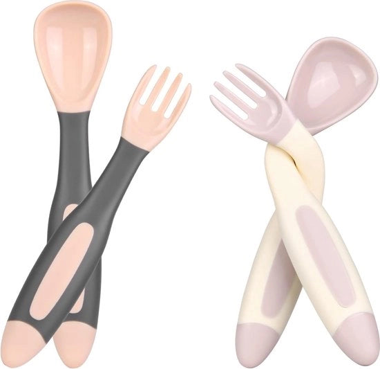Set di forchette e cucchiai per bambini, 4 pezzi, utensili per neonati in silicone, con manico facile da stringere, set di bestemmia per neonati per imparare a usare le forchette