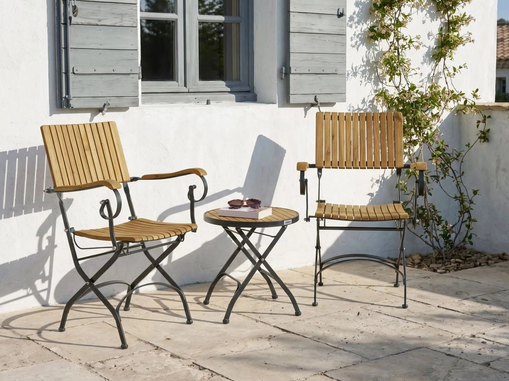 Set da bistrot da 3 pezzi in legno di acacia marrone chiaro con struttura in acciaio, tavolino rotondo pieghevole, per giardino e terrazza
