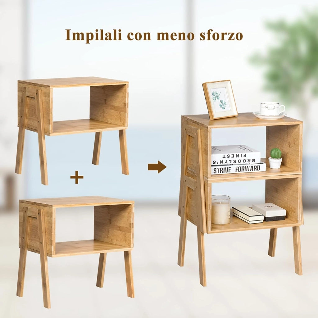 Set di 2 Tavolini da Salotto, Set di 2 Comodini in Bambù con 2 Ripiani Aperti e Gambe Robuste, Tavolini da Divano e Letto, 43 x 29 x 42cm