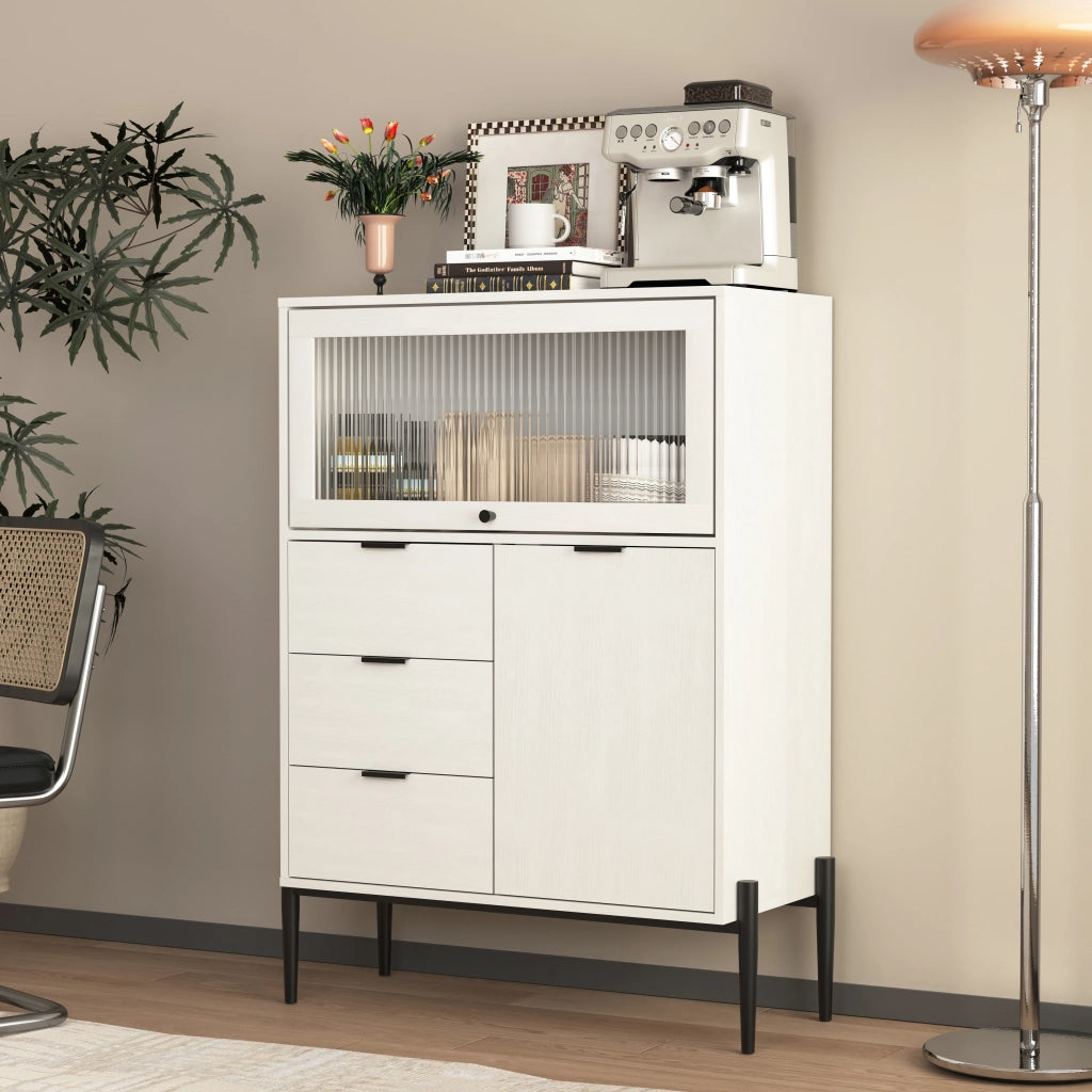 OKWISH Credenza con 3 Cassetti, 1 Anta e 1 Anta in Vetro, Ripiani Regolabili, per Cucina o Sala da Pranzo, Bianca