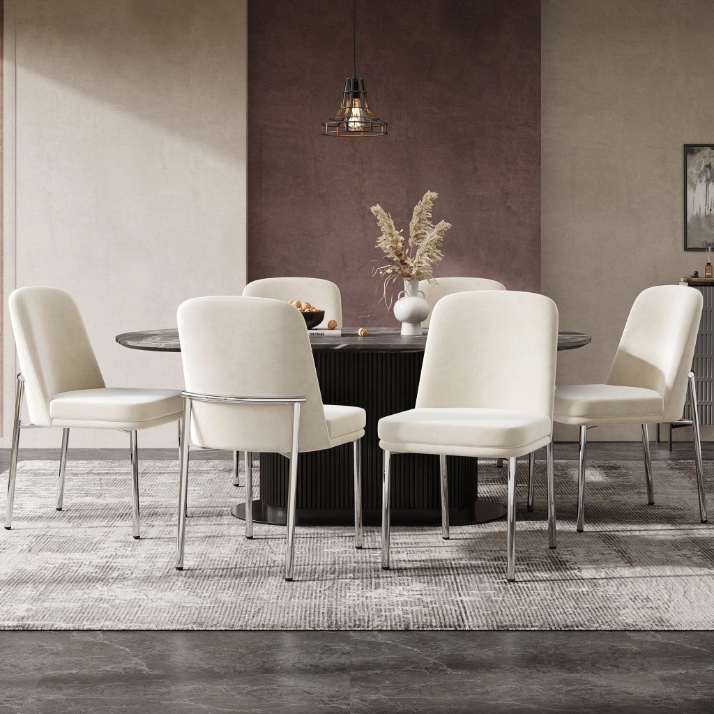 Sedie da pranzo set 6 pezzi con seduta imbottita e struttura in metallo cromato, stile moderno, in velluto beige
