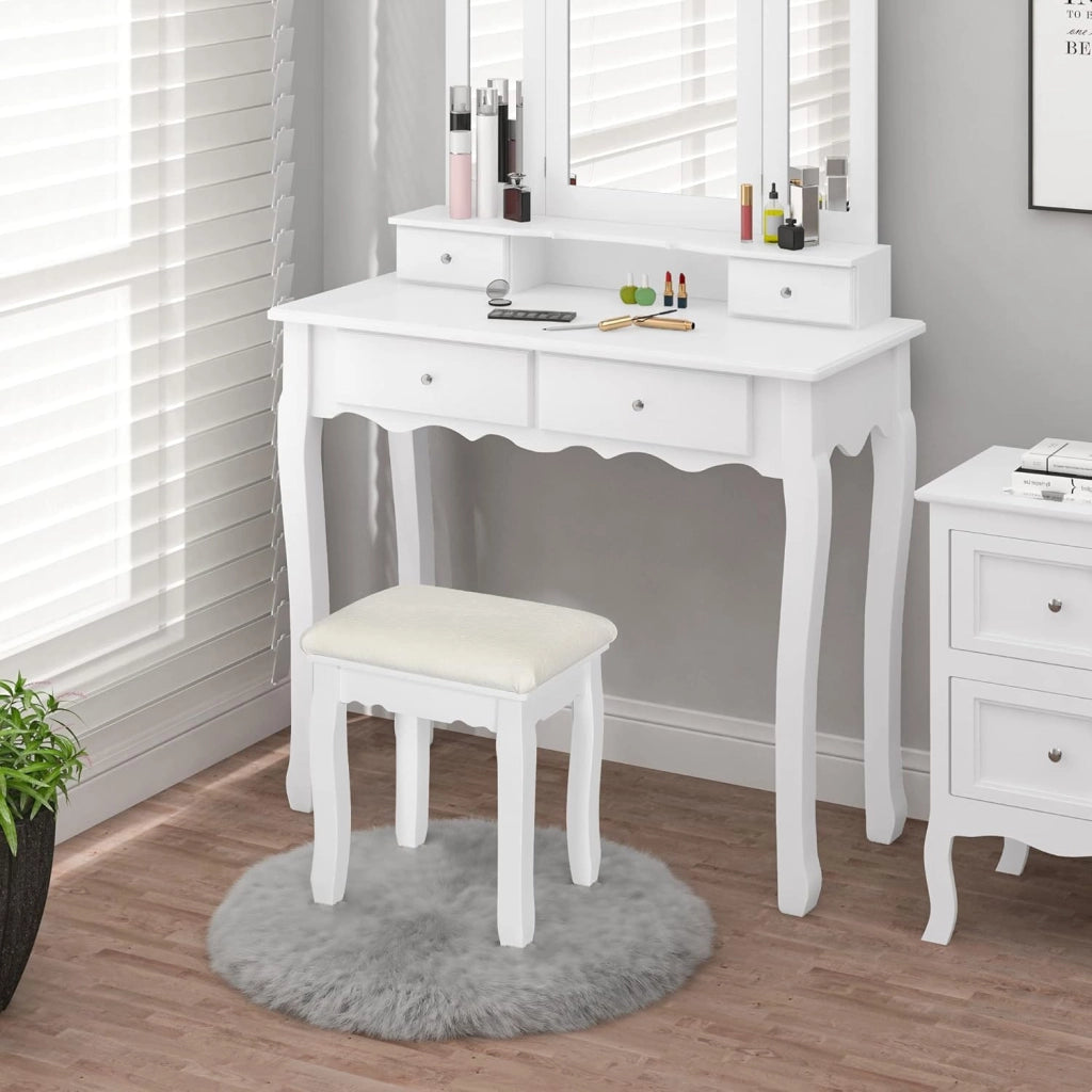 WOLTU Sgabello Bianco per Tavolo da Trucco, Sgabello in Legno Imbottito, Sedia da Make Up per Camera da Letto, Design Barocco， Rivestimento in Velluto, 37x28x44,5cm MB6095ws