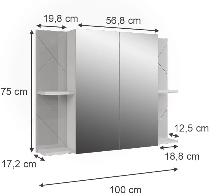 Mobile a specchio per il bagno Irma, Bianco/bianco lucido, 100 x 75 cm con 2 porte, con specchio e ripiani regolabili