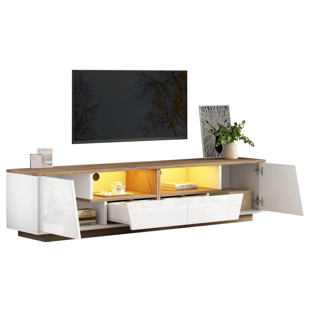 Mobile TV da 180x40x46 cm con 2 cassetti, 2 armadi e LED, design lucido frontale, colore bianco e legno naturale, per TV fino a 75 pollici
