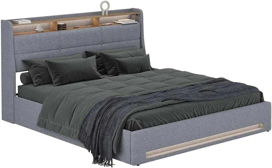 Letto imbottito Christin, Grigio/quercia, 180x200 con LED, porta USB e materasso