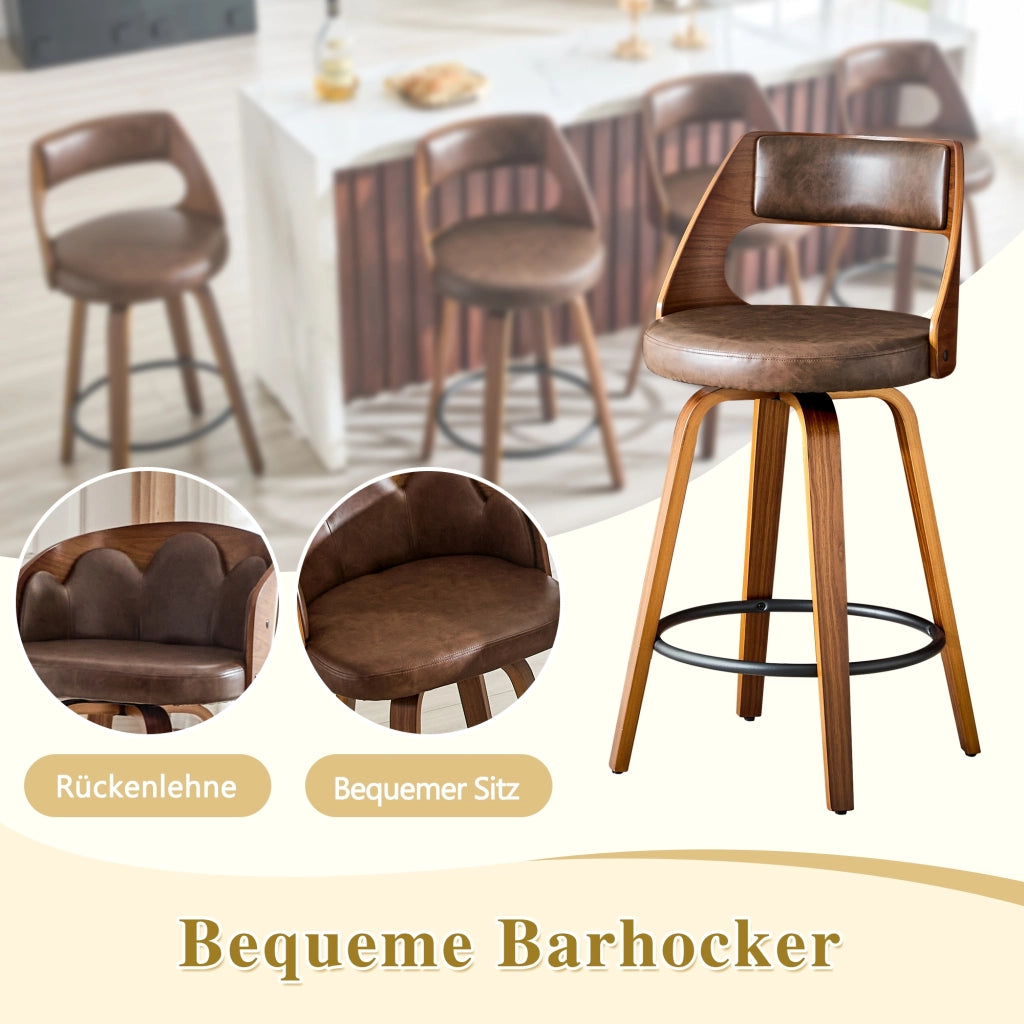 Sgabello da bar 2 pezzi con schienale in legno e rivestimento in PU, stile retrò per cucina e isola marrone