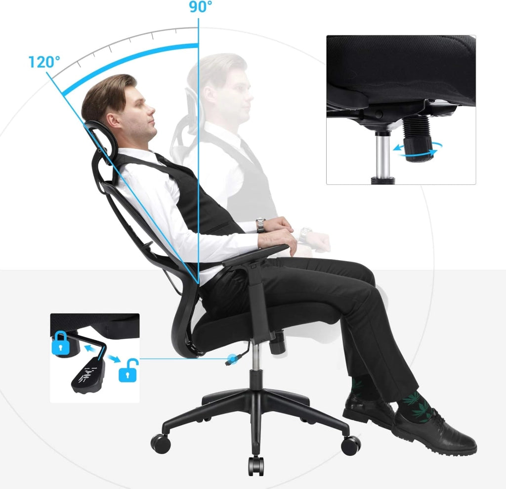 SONGMICS Sedia da Ufficio in Rete, Sedia Girevole con Meccanismo di Inclinazione, Braccioli Regolabili in Altezza, Poltrona Ergonomica con Supporto Lombare, capacità di Carico 120 kg, OBN53BK