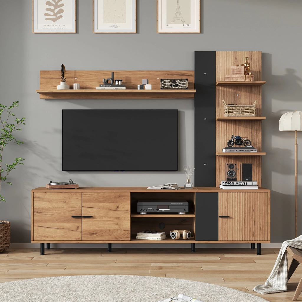 Parete TV con 3 vani chiusi e ripiani aperti, 187,5 x 40 x 167 cm, legno e nero