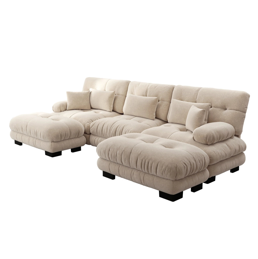 Divano angolare modulare U 313x145x81 cm in chenille beige chiaro con ottoman –