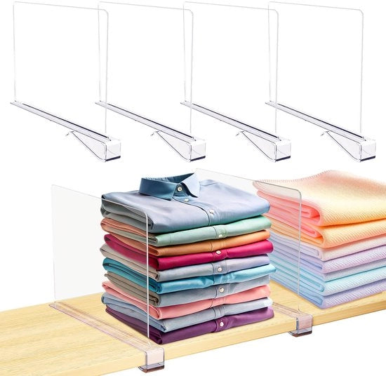 Organizzatori per cassetti 4 in 1, divisori in plexiglass, divisori per librerie, armadi, armadi cucina, armadi bagno (4 pezzi trasparenti)