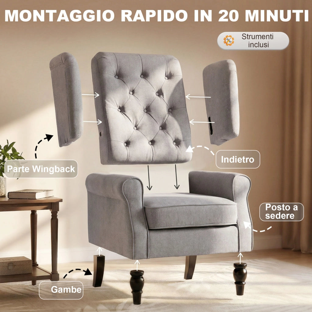 Poltrona Grigia Imbottita con Braccioli e Gambe in Legno ¨C zephmum ¨C 90x100x85