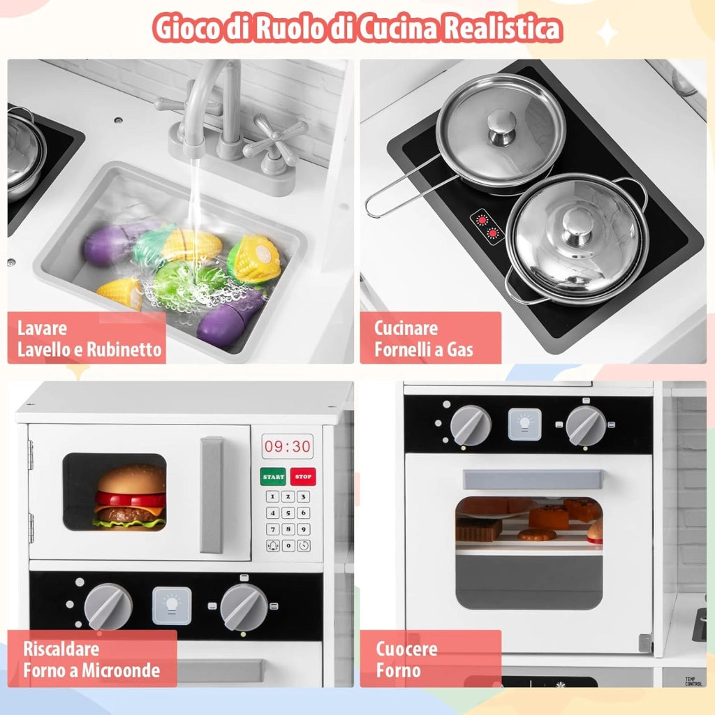 Cucina Giocattolo in Legno per Bambini con Forno, Microonde, Lavello, Rubinetto e Lavatrice, Luci e Suoni Realistici, 3+ Anni