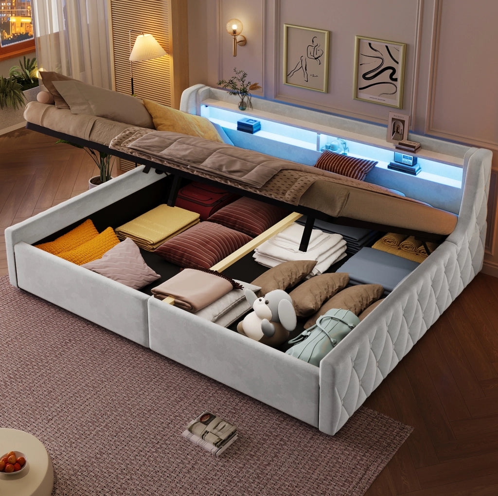 Letto imbottito 140x200 cm con contenitore e LED in flanella; bianco sporco