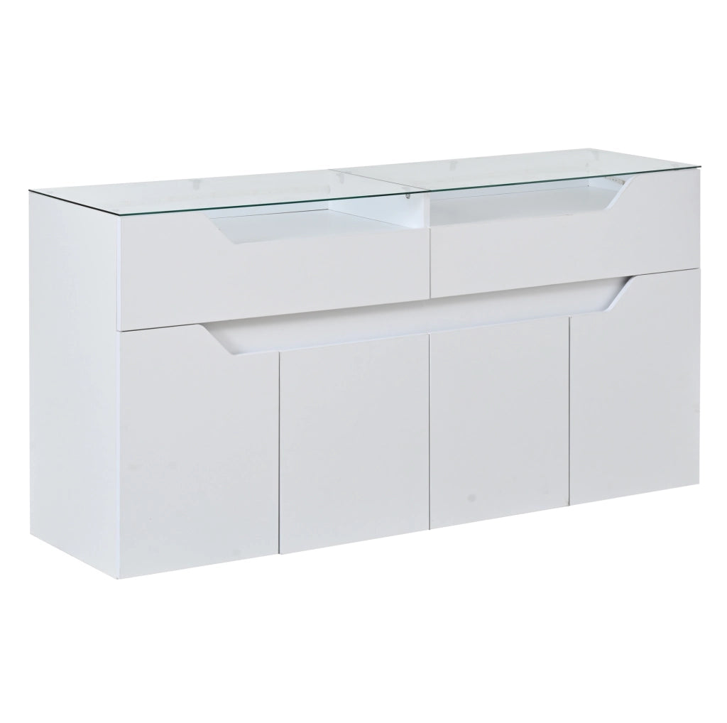 Credenza bianca 140x40x70 cm con LED, vetro e 2 cassetti