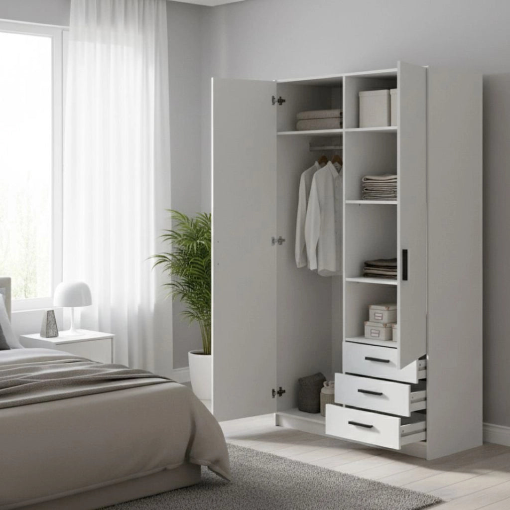 Guardaroba 2 ante Sultani, Mobile camera da letto, Cabina armadio portabiti, Armadio appendiabiti, 99x50 h200 cm, Bianco