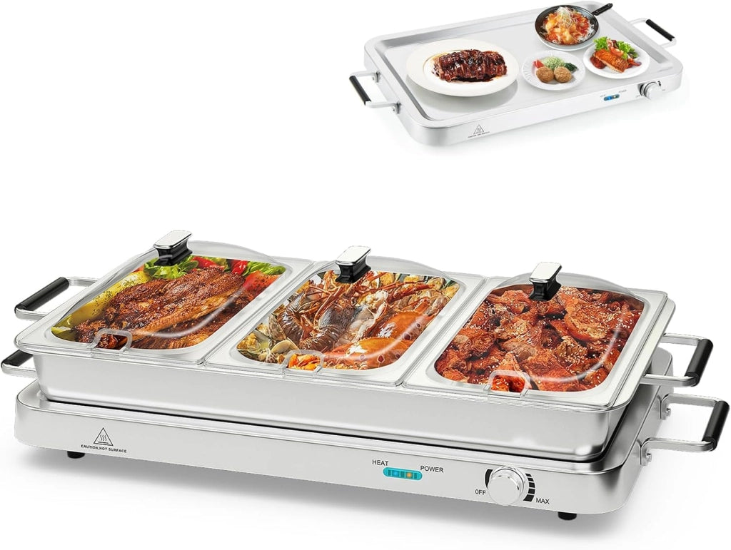 Scaldavivande Elettrico per Buffet 9L 450 W, Vassoio Scalda Vivande in Acciaio Inox con 3 Contenitori & Coperchi, Borsa, Temperatura 50-150℃, per Feste, Matrimoni, Ristoranti