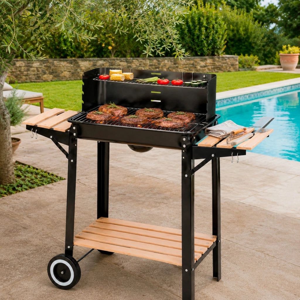 Barbecue A Carbone Con Griglia E Paravento Antivento Ripiani Legno Laterali Ganci Porta Utensili Ruote Per Trasporto Facile Giardino Campeggio 94 x 40 x 84 Cm Nero