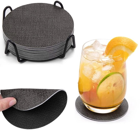 Onderzetters per set di 12, con supporto doppio per bicchieri, con base rotonda antiscivolo, lavabili, in pelle artificiale, per bevande, set (grigio/nero, rotondo)