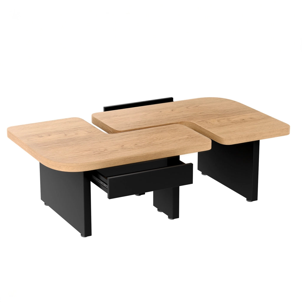 Tavolini da Salotto Impilabili con 2 Cassetti; LED e Piedini Regolabili; Stile Moderno; in MDF; Naturale e Nero