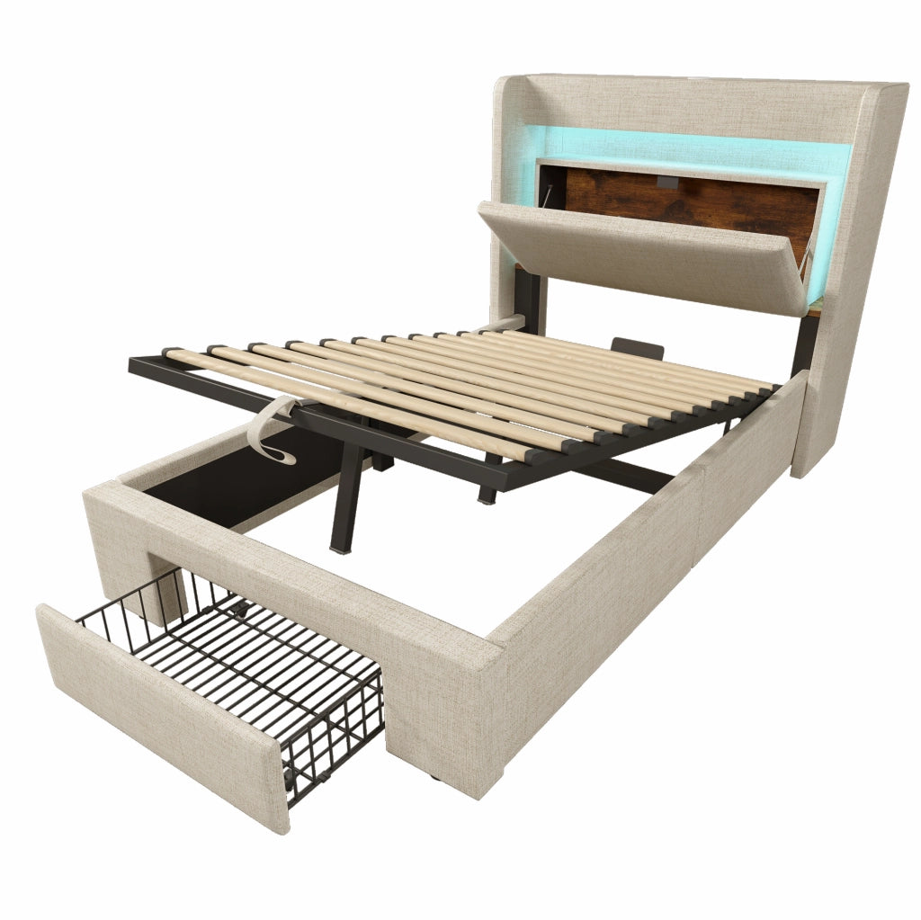 Letto imbottito 90x200 cm con contenitore idraulico; LED; USB e USB-C; beige; con materasso