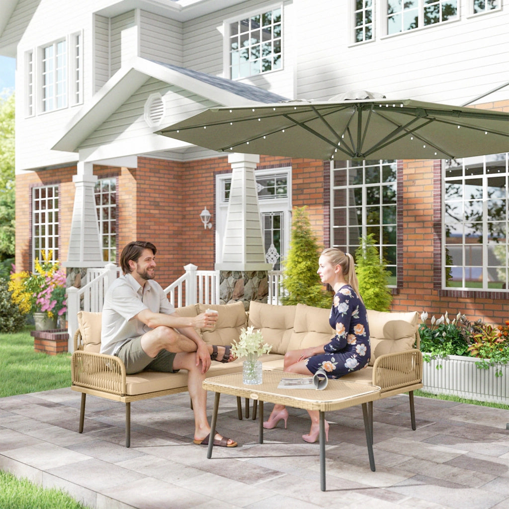 Salotto da Giardino in Rattan 2 Divanetti e Poltrona Angolare con Cuscini, Tavolino in Vetro, Colore Legno