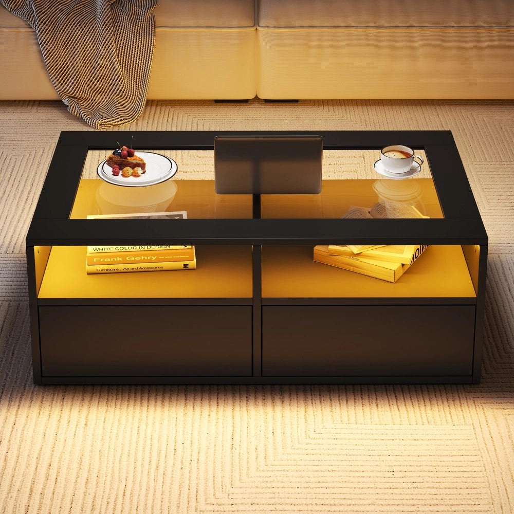 Tavolino da Caff¨¨ con LED e 2 Cassetti ¨C MINIMAL ¨C Vetro Nero, Design Moderno, 100x50x35