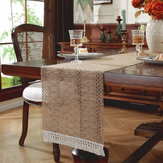 Tavolo da pranzo in stile boemiano con pennelli - tavolo da pranzo con tessuto in rilievo - tavolo da pranzo con tovaglia a rete in stile rustico - adatto per la tavola da pranzo in primavera, arredamento di casa - 30x160cm