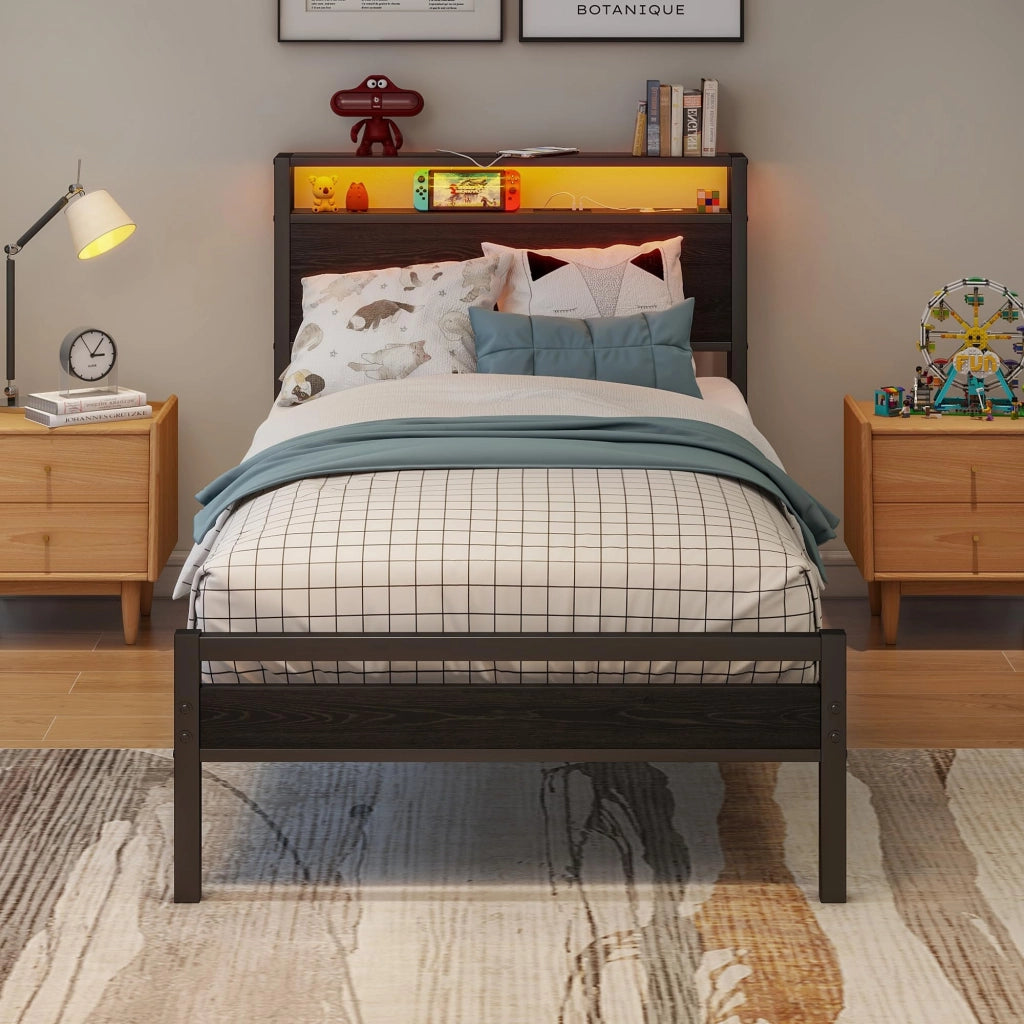 LETTO 90x200 cm con contenitore, metallo e MDF, nero, USB e LED