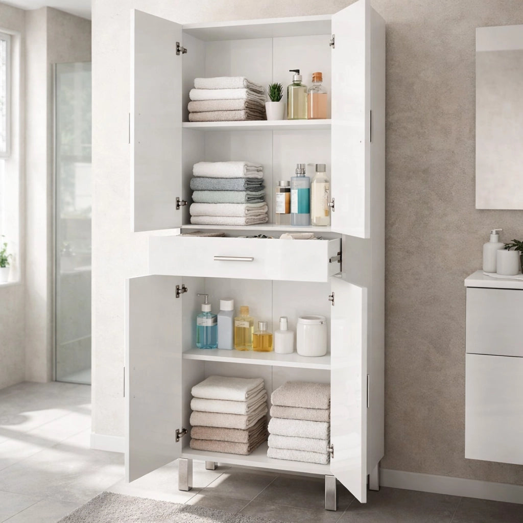 Colonna Bagno 4 Ante 4 Ripiani Cassetto Mobile Alto Moderno Salvaspazio Mensole Regolabili Elegante Minimal Per Lavanderia Ripostiglio 182 X 60 X 29 Cm Colore Bianco