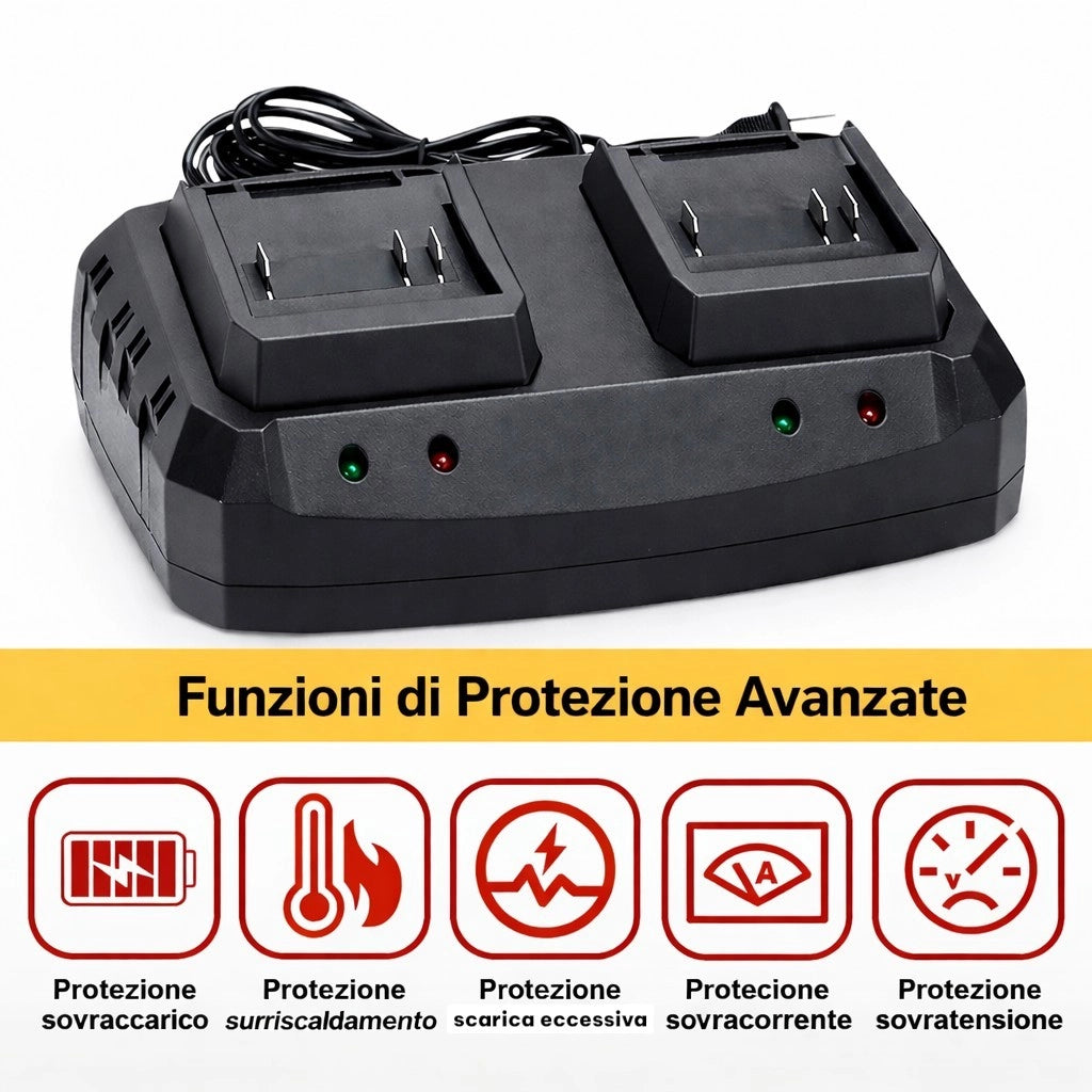 Doppio Caricabatteria Per Batterie a Litio 21V Per Motosega Soffiatore VP10195