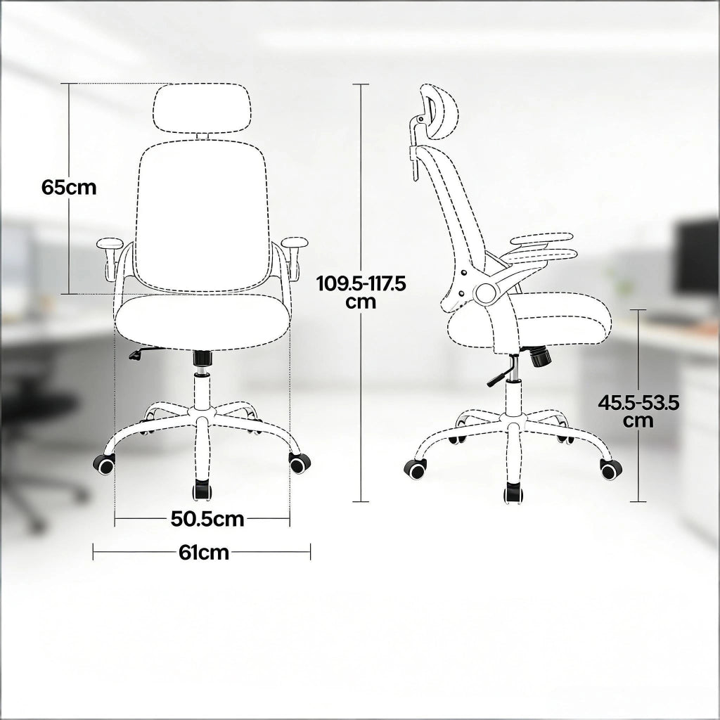 Sedia da ufficio ergonomica con schienale alto e braccioli 3D in rete e metallo grigio chiaro
