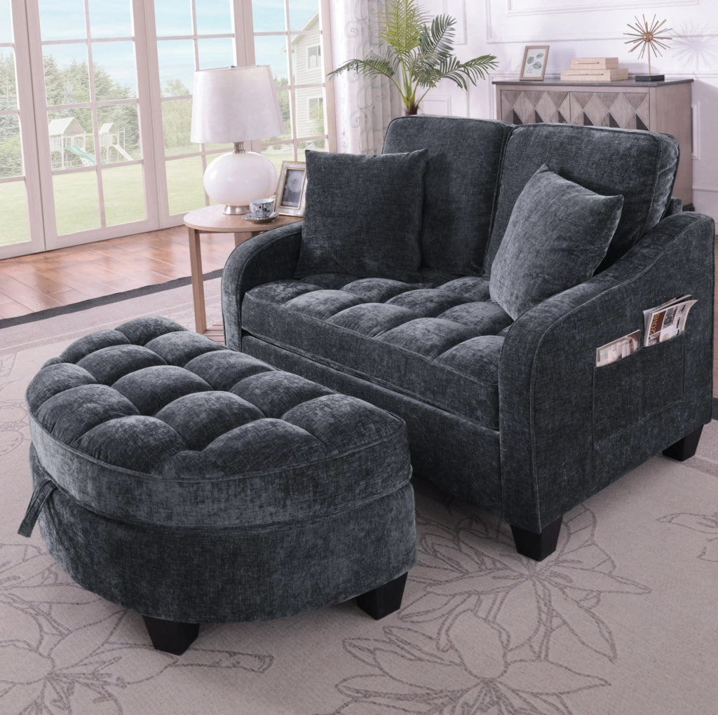 Divano letto 132x129x93 cm convertibile con pouf contenitore in legno di eucalipto nero