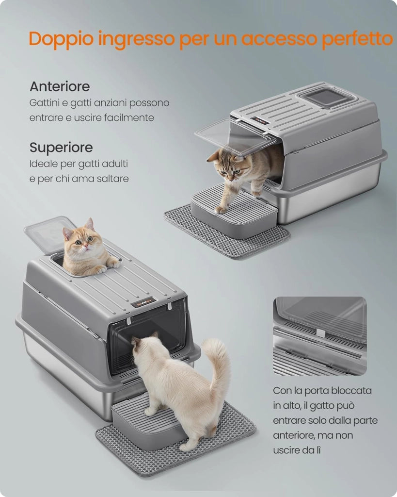 Feandrea Lettiera per Gatti in Acciaio Inox, Toilette per Gatti fino a 15 kg con Coperchio, con Paletta, Tappetino per Lettiera e 2 Ingressi, Grigio Tortora PPT007GN01
