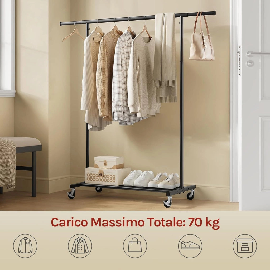 Appendiabiti da Terra con Ruote, Attaccapanni con Ripiano Inferiore, Barra Estensibile e Altezza Regolabile, per Soggiorno, Camera da Letto, Nero