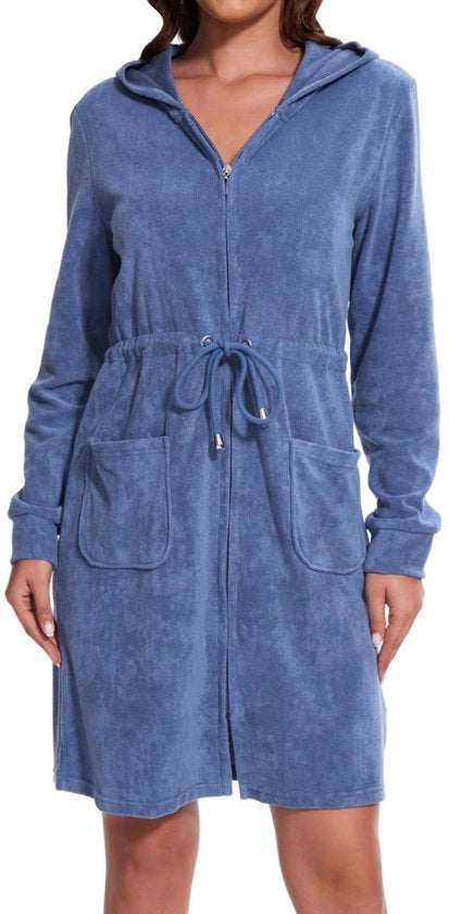 Camicia da bagno elegante per donna con cappuccio e zip, corta e leggera, blu denim