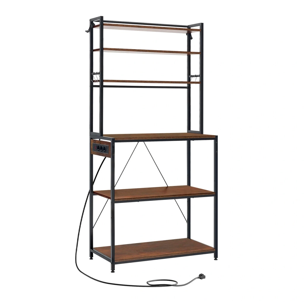 Scaffale da cucina ULEVR 80x40x167 cm con 6 ripiani, prese elettriche e 6 ganci, marrone rustico