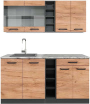 Cucina completa R-Line, Quercia dorata/antracite, 160 cm, PL Marmo, adatto per l'espansione individuale con moduli aggiuntivi